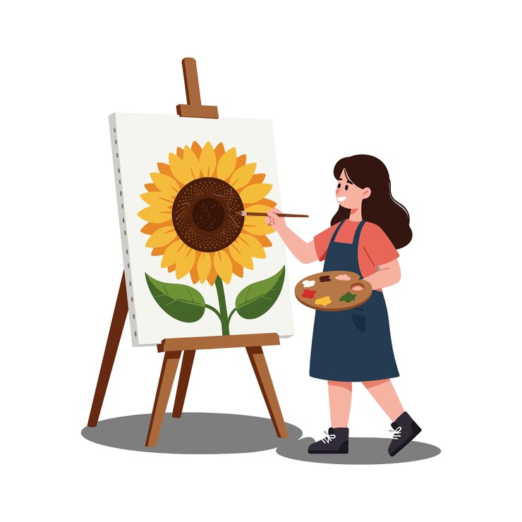 Artist painting a vibrant sunflower in a flat vector illustration style