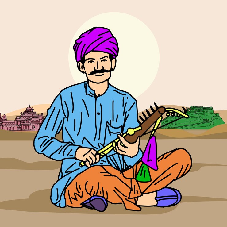 Vector artist playing ravanahatha folk music of india rajasthan man playing folk music of india