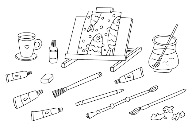 Artist's workplace easel tubes of paints and brushes doodle hand drawn illustration