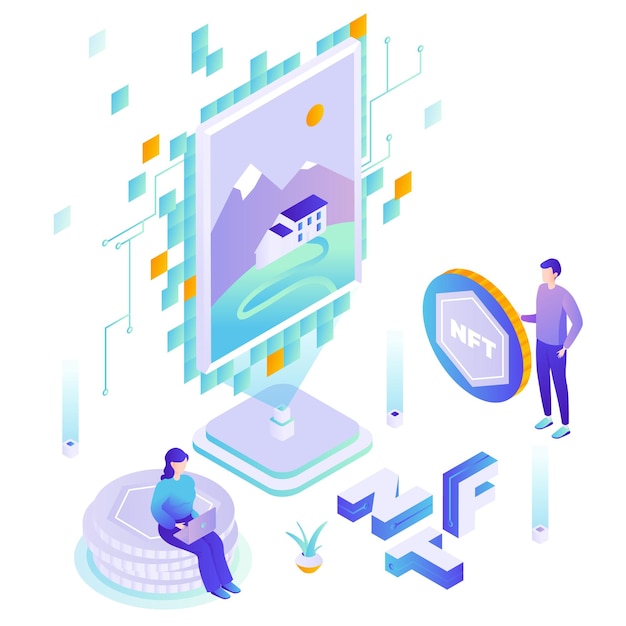 Artist selling nft tokens for cryptocurrency vector isometric illustration digital crypto art nonfun...