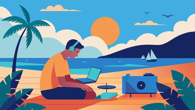 An artist sketching the picturesque scene of beachside record listening inspired by the soothing