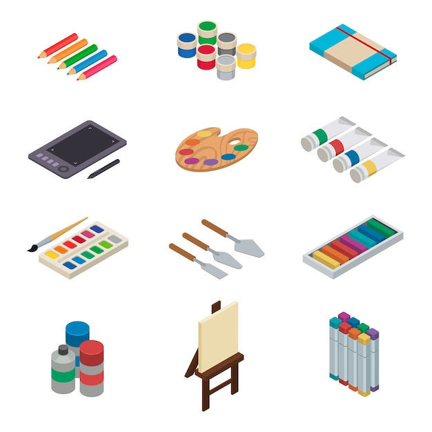 Artist tools vector watercolor with paintbrushes palette and color paints on canvas for artwork in art studio illustration artistic painting isometric set isolated