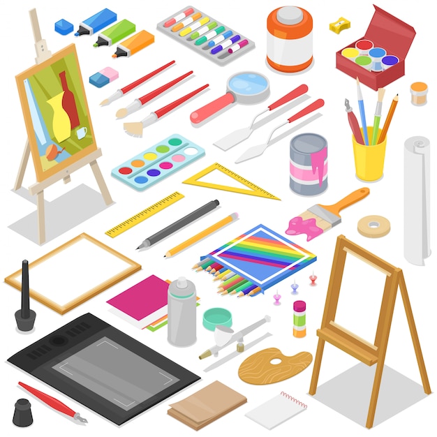 Artist tools  watercolor with paintbrushes palette and color paints on canvas for artwork in art studio illustration artistic painting set  on background