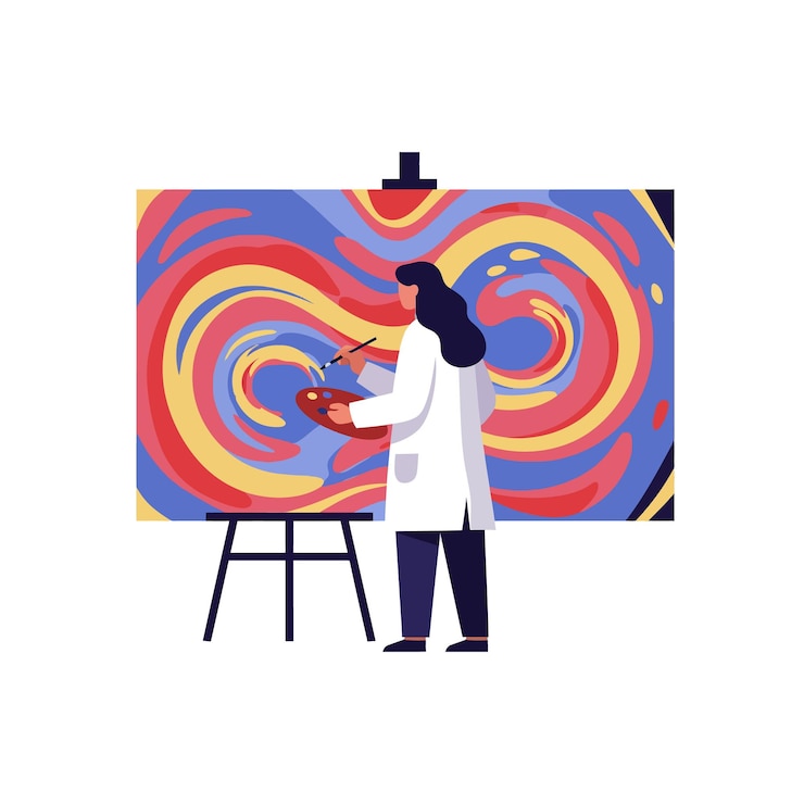 Vector artist in a white coat painting vibrant swirls on canvas in flat vector art