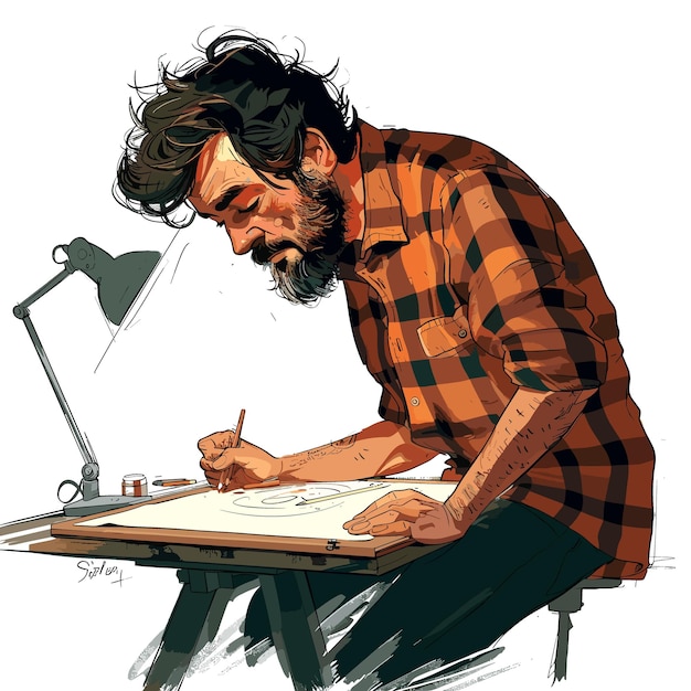 Artist working in his studio Vector illustration of a man drawing