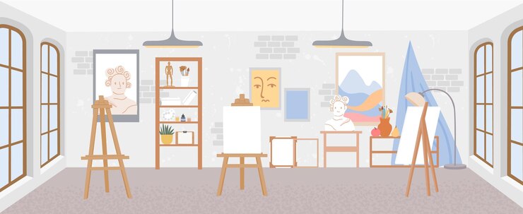 Vector artist workshop or art studio classroom interior with easels. painter room with canvases and drawing tools, paints and brushes vector scene
