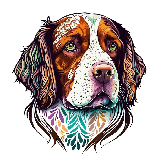 Vettore ritratto artistico di cane bretone con motivi ornamentali design stampabile per magliette artistiche da parete pod