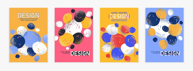 Artistic brochures vector abstract designs set with hand drawn splat elements, stylish colorful art abstraction covers for magazines or flyers, positive and funny posters templates collection