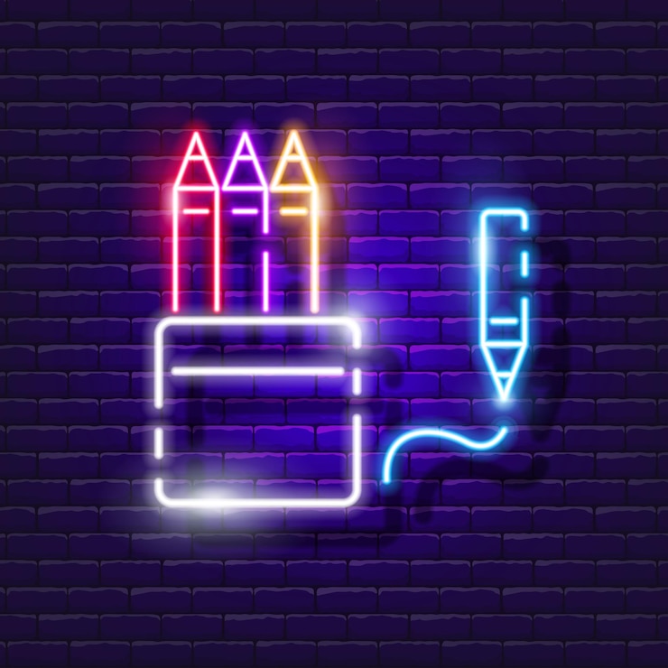 Vector artistic colored pencils neon sign artistic tool glowing icon vector illustration for design drawing concept