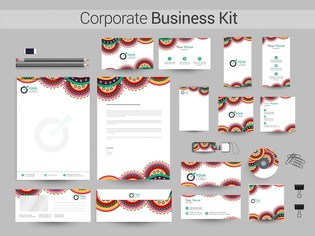 Artistic corporate business kit con disegno floreale.