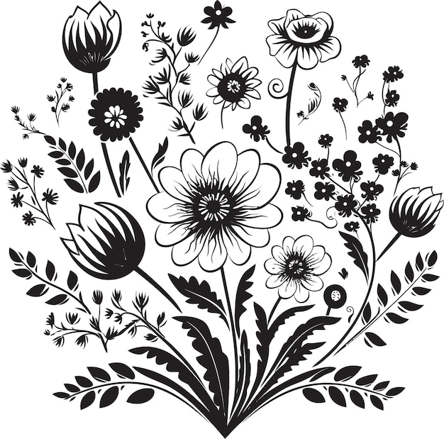 Artistic Floral Whimsy Monochrome Icon Doodle Garden Black Vector Emblem