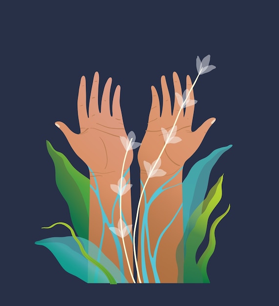 Vector artistic human hands drawing design. raised for peace, nature protection with surreal floral environment.