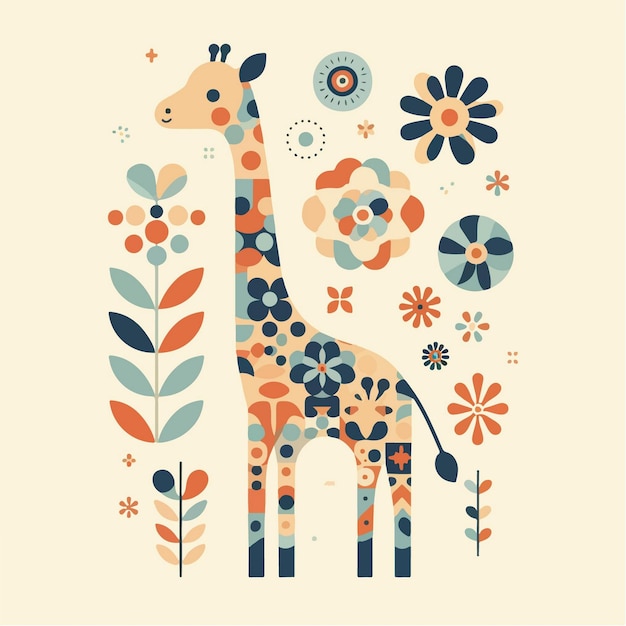 Vector artistic illustration of an giraffe surrounded by elements of nature such as flowers and plants