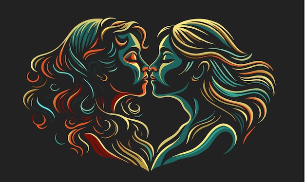 Artistic illustration showcasing two women in a moment of affection symbolizing lesbian love