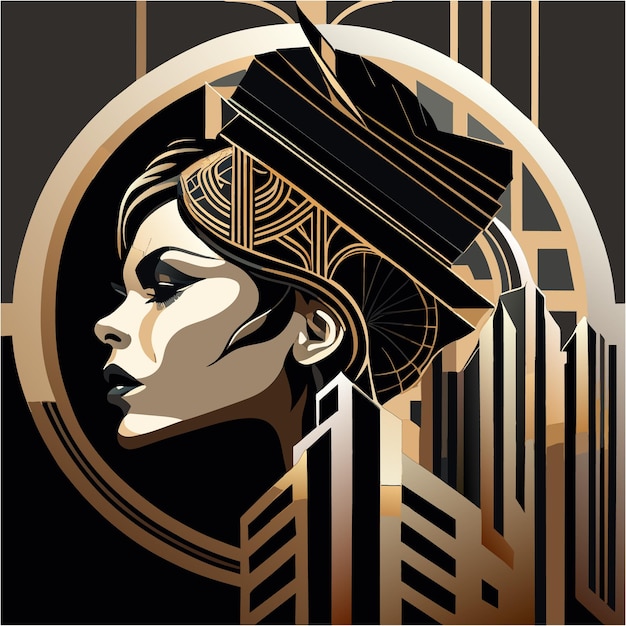 Artistic Ink Abstract Woman's Head in Art Deco Style
