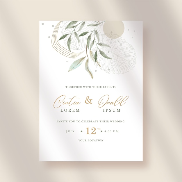 Artistic leaves watercolor on wedding invitation