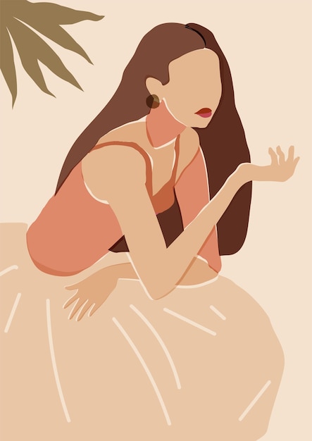 Vector artistic minimal feminine wall art lady portrait illustration neutral earth tone terracotta colors