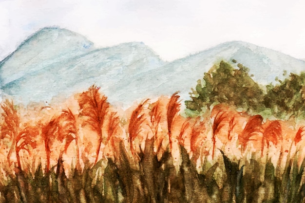 芸術的な山とパンパスグラスフィールド風景水彩画の背景