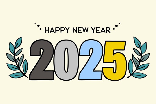 an artistic new year 2025 design with bold typography and decorative leaf elements in vibrant colors