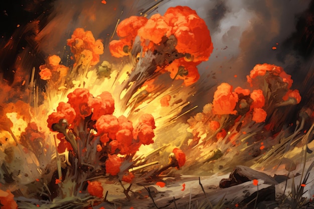 An artistic painting of a fire and orange flowers