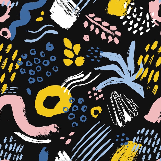 화려한 페인트 얼룩, 자국, 흔적, 검은 방울과 예술적 원활한 패턴