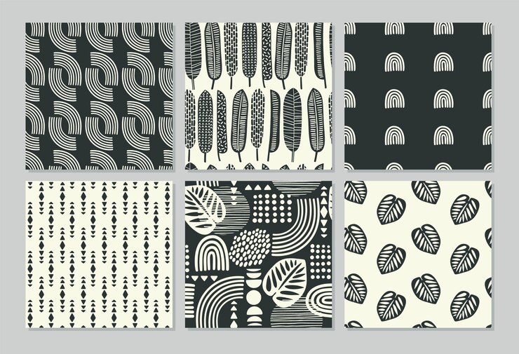 Artistic seamless patterns with abstract leaves and geometric shapes.