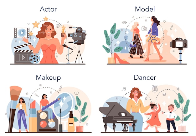 Artistic and showbusiness occupation set. actor, dancer, make up artist and model. collection of modern professions. flat vector illustration