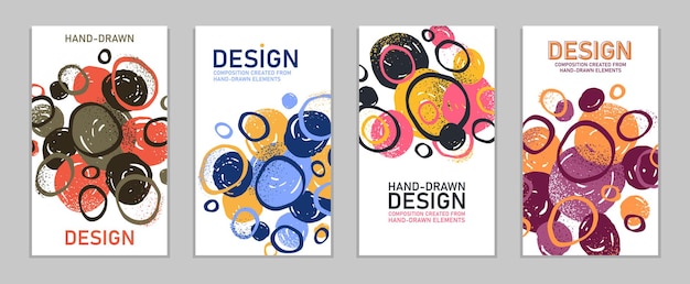 Artistieke brochures vector abstracte ontwerpen set met handgetekende splat elementen, stijlvolle kleurrijke kunst abstractie covers voor tijdschriften of flyers, positieve en grappige posters sjablonen collectie.