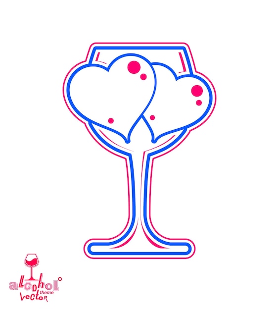 Artistieke illustratie van wijnglas met twee liefdevolle harten. Alcoholthema-object - gestileerde beker met decoratief lint, het beste voor gebruik in grafisch ontwerp en reclame.
