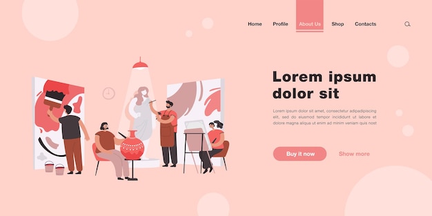 ベクトル ワークショップやデザインスタジオのランディングページでフラットスタイルでアートワークを作成するアーティストや彫刻家