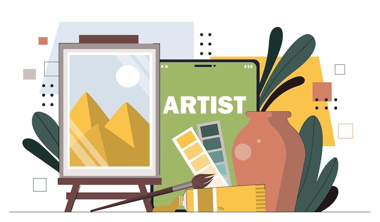 Vector アーティスト・コンセプト・パレット - 絵画や工芸品の絵画とキャンバスの近くのペイントブラッシュ