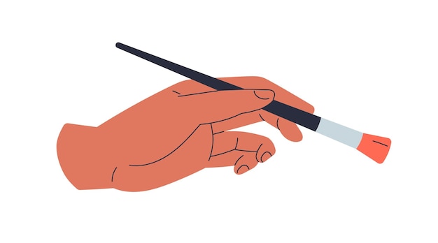 Vector artists hand holding paint brush. painters arm squeezing paintbrush handle, painting. fingers with drawing tool, art instrument. flat graphic vector illustration isolated on white background.