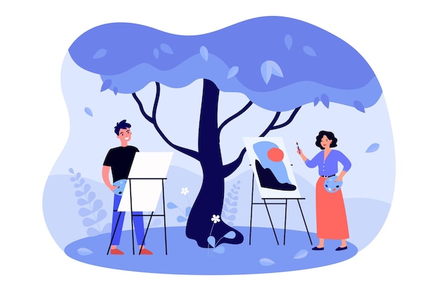 Vector artists painting creative pictures of nature. man and woman with easels, brush and palette of paints flat vector illustration. painting hobby concept for banner, website design or landing web page