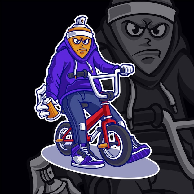 スプレーボトルの漫画イラストで自転車に乗るアーティスト