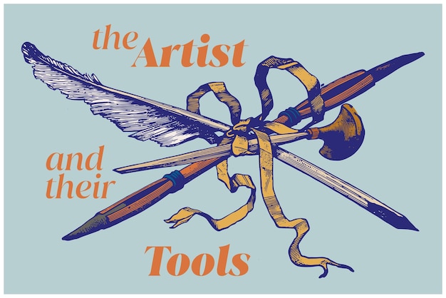 Artists tools. Linocut, drawing and crow-quill. Vintage book plate.