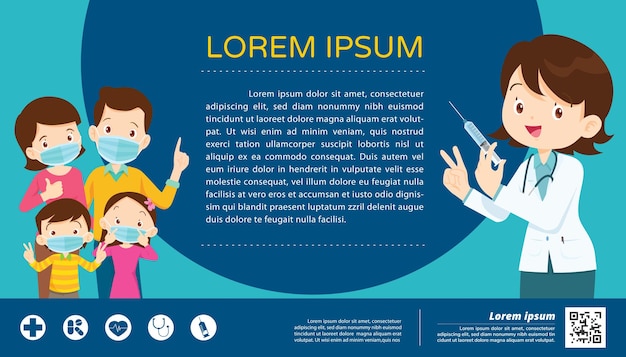 Arts bedrijf spuit met Covid-vaccin en familie die beschermend medisch masker, poster sjabloon dragen