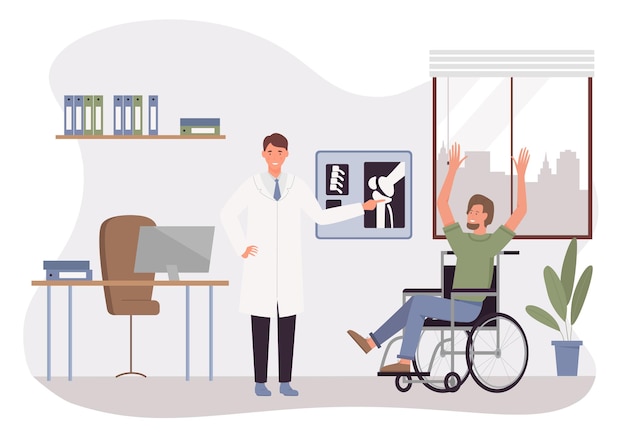 Arts behandeling van gehandicapte man in ziekenhuis vectorillustratie. Cartoon gelukkige patiënt met handicap zittend in een rolstoel, blij om goed gezondheidsnieuws over trauma te horen, afspraak met traumatoloog
