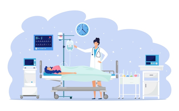 Arts en patiënt in medische afdeling. Vrouw rusten op ziekenhuisbed met druppelaar intensieve therapie. Noodhulp. Klinische test, diagnose, onderzoek. Ziekenhuisopname concept. cartoon ontwerp