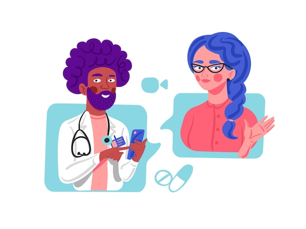 Arts en patiënt vectorillustratie Vrouwelijke patiënt in gesprek met mannelijke arts met een videogesprek