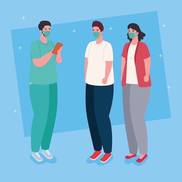 Arts en patiënten die medisch masker dragen tegen covid19-illustratie