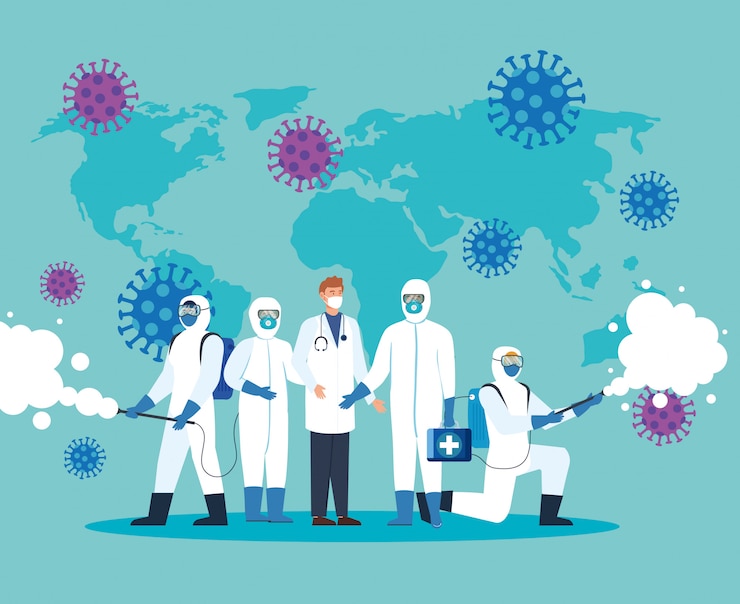 Vector arts en personen met beschermend pak voor het spuiten van het covid-19, desinfectievirus concept