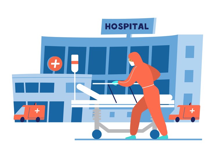 Vector arts in beschermende kleding met lege medische bed voor ziekenhuisgebouw. illustratie.