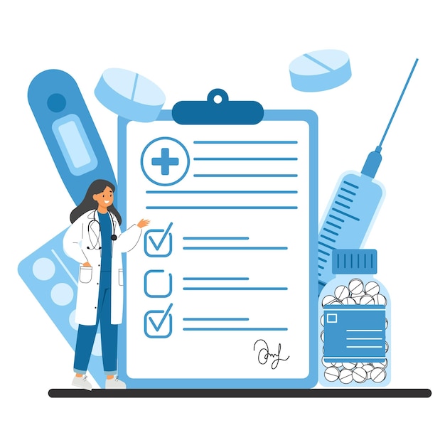 Arts met een receptknipbord met tabletten en medicijnflessen Online gezondheidszorg