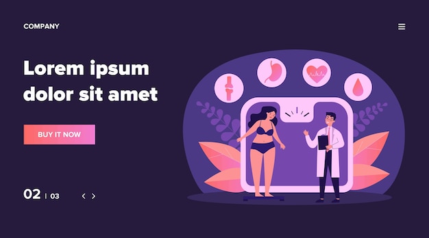 Arts raadplegen overgewicht meisje illustratie. cartoon kleine vrouw met diabetes staande op een weegschaal. vetprobleem, gezondheid en obesitasconcept