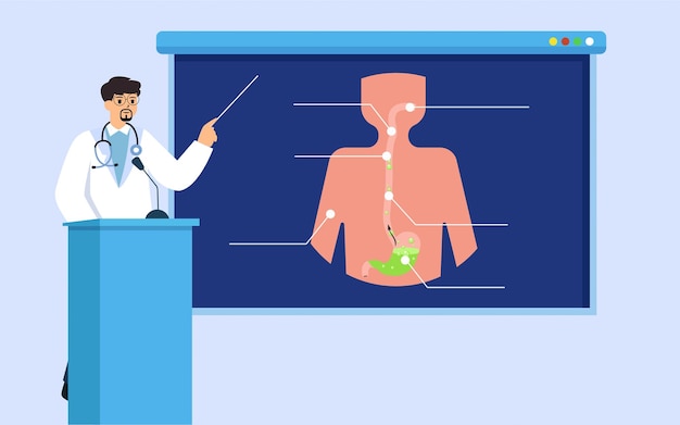 Arts uitleg over gastro-oesofageale refluxziekte op een bord. presentatie met uitleg over grafieken.