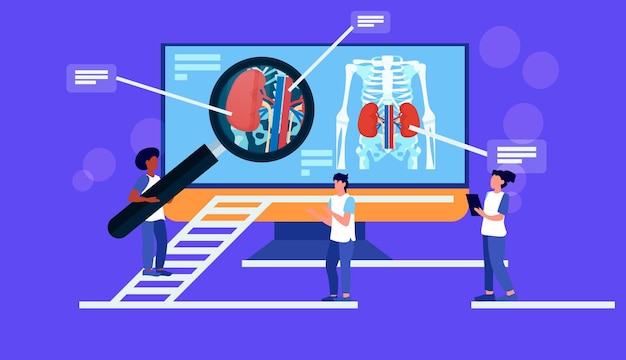 Vector artsen die leverröntgenfoto van patiënt op computermonitor gezondheidszorg medische behandeling concept horizontale vectorillustratie onderzoeken