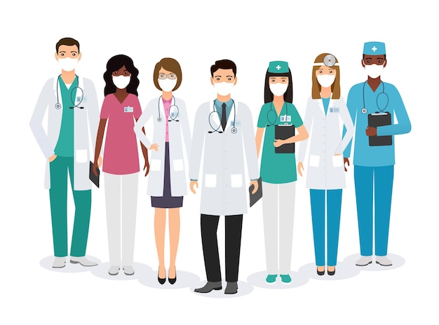 Artsen en verpleegkundigen met medische maskers die bij elkaar staan. Vector illustratie.