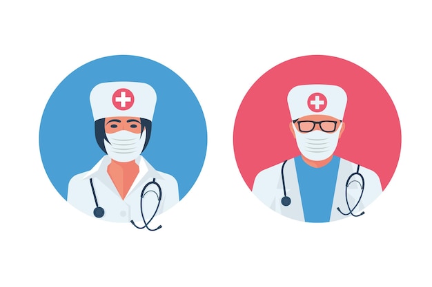 Artsen plat pictogrammen set, man en vrouw. mooie verpleegster in beschermend masker. dokter in wit medisch uniform, hoed met een kruis en stethoscoop. karakter cartoon. vector illustratie ontwerp.