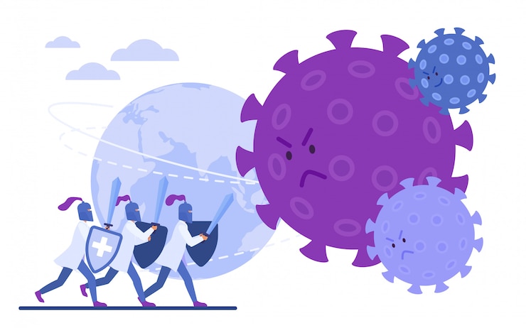 Vector artsenridders beschermen aarde tegen coronavirus, covid vlak illustratieconcept