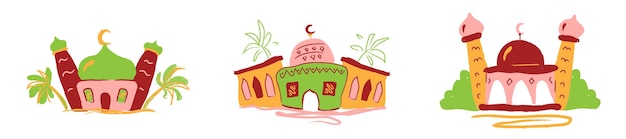 Artsy Hand Drawn Mosque Vector Illustration Set
